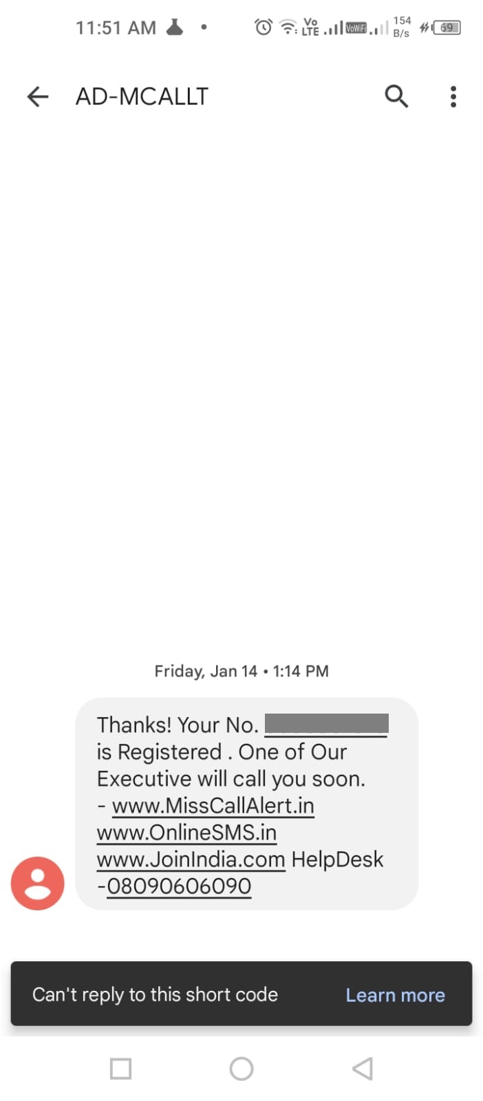 SMS delivered by TSP: Airtel  Delhi - MissCallAlert
