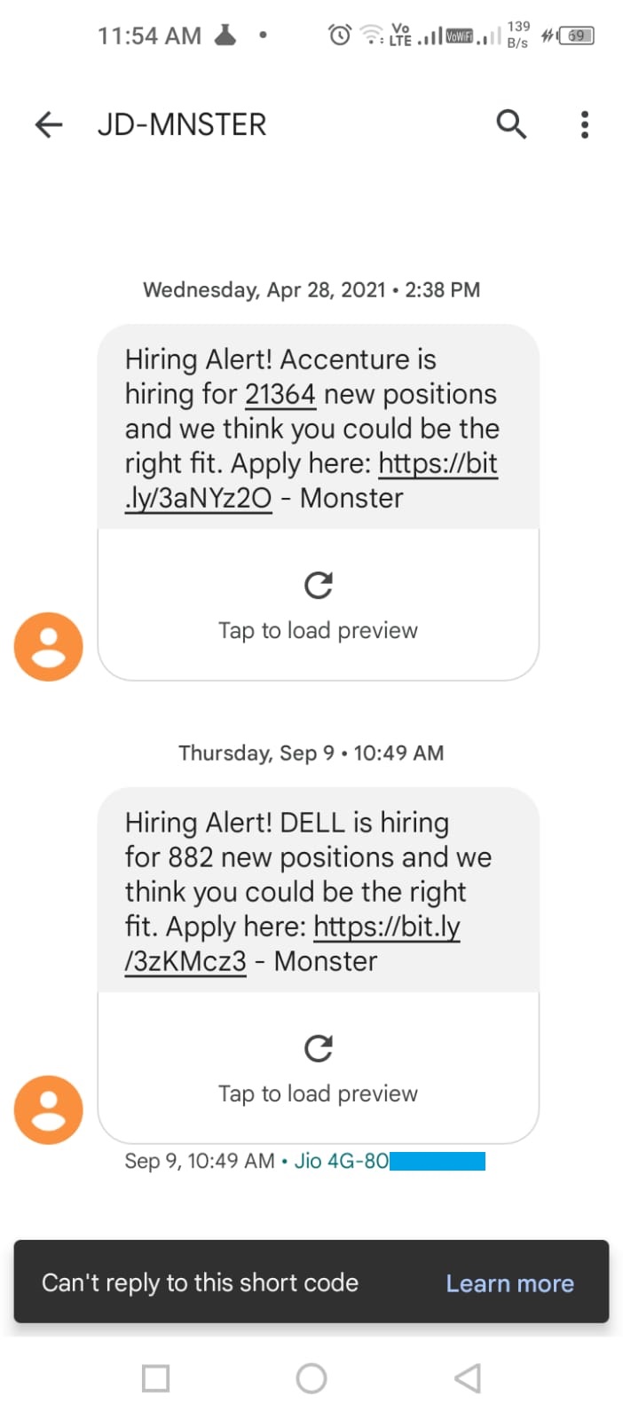 SMS delivered by TSP: Airtel  Delhi - Monster